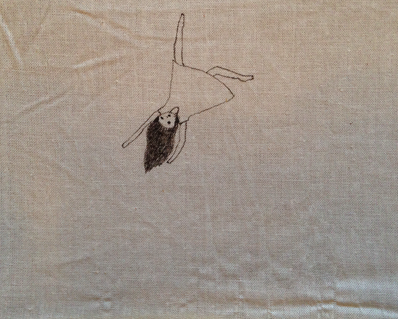 Lotus Girl falls head-first, pen on linen